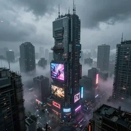 futuristic dystopian cityscape, high rises, billboard ads, neon signs, overcast, foggy, ground - level clouds, raining, depressing, ominous, imposing, industrial, cyberpunk, view from above, dramatic illumination, multi colored lighting, highly detailed, ultra realistic, 8 k, cityscape photography, by greg rutkowski, by nathan walsh