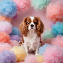 fluffy cotton wool of many different colors, cavalier king charles spaniel, with colorful fluff, cotton wool balls, multicolored fluff, art by artgerm and krenz cushart