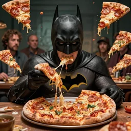 derpy looking batman eating greasy pizza, pizza is everywhere, weird, strange, bizarre, surreal, epic composition, 2 0 0 mm focal length, donato giancola, tim hildebrandt, wayne barlow, bruce pennington, larry elmore, insanely quality, highly detailed, masterpiece, pizza light, artstation, 4 k