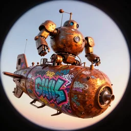 memorable animation key shot, fish eye lens, climbing up the rusty robot submarine schwerer gustav!!!! covered in bold grafitti, golden hour, paint drip, colorful murals, studio ghibli, pixar, disney concept art watercolor illustration by craig mullins, dean cornwell, nc wyeth, satoshi kon!