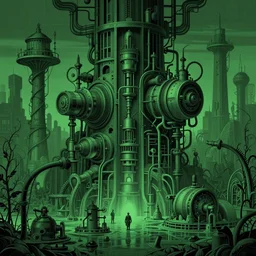 swamp with a lot of dieselpunk mechanisms inside scientific illustration, made in brutal architecture in rich and saturated shades of dark green, made by Joe Fenton, H. R. Giger, M. C. Escher