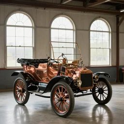 vintage model t auto with copper equipment in a hanger with large victorian windows
