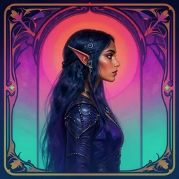 side profile centered painted portrait, maya ali wind sorcerer, gloomhaven, matte painting concept art, art nouveau, vaporwave gradient background, fantastically gaudy colour, aesthetic octane render, 8 k, by ilya kuvshinov and cushart krentz and gilleard james