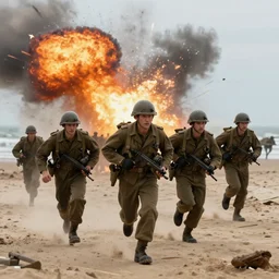 american soldiers running at the camera during normandy beach landing with fiery explosions and debris all around them in the style of the movie lone survivor and saving private ryan, gritty, 4 k, cinematic lighting,