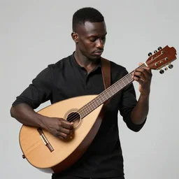 dark - skinned male knight lute player playing the lute, victo ngai, kilian eng, lois van baarle, bald, white background