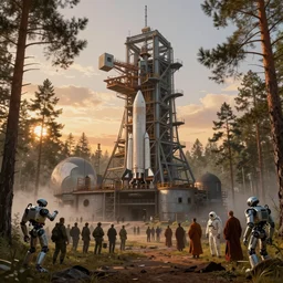 an abandoned industrial plant in the pine forest surrounding a space - x rocket launchpad, crowd of people, soldiers, robots, astronauts, monks, sci - fi, sunset, dramatic light, industrialpunk, futurepunk, mist, hdr, digital painting, artstation, steve belledin, peter gric, wadim kasin