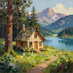 a masterpiece painting of a tiny house in the forest with a lake and mountains in the background
