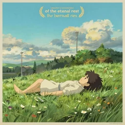 landscape of the eternal rest, in the style of studio ghibli, award - winning, in the style of a vintage poster, 4 k