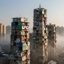 high towers entangled, made up of makeshift squatter shacks with faded colours, plain uniform sky at the back, uneven fog, mamiya, ultra sharp, very detailed, photographed by julie blackmon