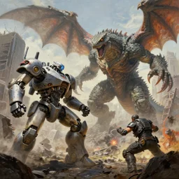 an incredible fantastical painting of an epic battle : robot vs kaiju! large robotic mech piloted by a human pilot vs titanic creature monster scaly lizard like with wings and tentacles and a monster. they battle in the middle of a city | city destroyed giants in big fight sci fi horror action fantasy kaiju | by greg rutkowski | hyperrealism artwork beautiful detailed painting | trending on artstation