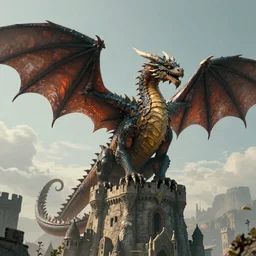 dragon rise forgotten realm fantasy, cinematic lighting ,dragon design language, main subject city tower, medieval time, complimentary color scheme, G liulian Art style, realistic,3D render, 4k, Unreal 5 ,-W 1024