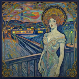 a woman in a dream city, by moebius, by hernst haeckel, by munch, pastel deep colours, woodcut, highly detailed, ornate, art nouveau, thick lines, lights by hopper