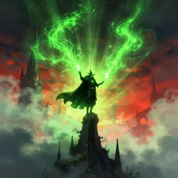 a beautiful artwork illustration, a warlock standing on a spire at dawn casting green spells, volumetric fog, godrays, high contrast, high contrast, high contrast, vibrant colors, vivid colors, high saturation, by Greg Rutkowski and Jesper Ejsing and Raymond Swanland, featured on artstation, wide angle, vertical orientation