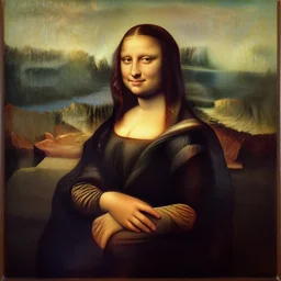 an oil painting, woman sitting in a chair, dark dress, background is filled with mountains, rocks, canyons and lakes. woman looks calm and happy, she is smiling, in the style of leonardo da vinci