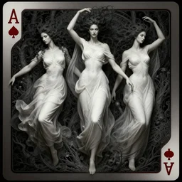 matte painting of the three fates, dark and ethereal, wild hairs, expressive poses, acrobatic, white robes dark  dress, fantasy, intricate, dark forest background, highly detailed, digital painting, artstation, concept art, smooth, sharp focus, illustration, art by artgerm and greg rutkowski, artgerm and alphonse mucha as a playing card