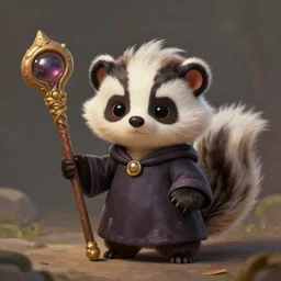 cute little anthropomorphic skunk, wielding a magic staff, tiny, small, short, wizard robe, cute and adorable, pretty, beautiful, dnd character art portrait, matte fantasy painting, deviantart artstation, by jason felix by steve argyle by tyler jacobson by peter mohrbacher, cinema, highly detailed, mega detailed, photo realistic,
