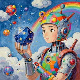 surreal gouache painting, by yoshitaka amano, by ruan jia, by conrad roset, by kilian eng, by good smile company, incredibly detailed, of floating molecules and a mannequin artist holding an icosahedron with stars, clouds, and rainbows in the background, cgsociety, retrowave, modular patterned mechanical costume headpiece