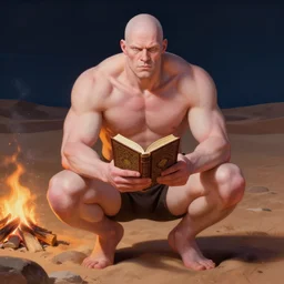 portrait shot of judge holden, a hairless, muscular, bald giant albino man. he ’ s crouched in front of a campfire in the desert at night. he ’ s holding a book. intricate, elegant, highly detailed, centered, digital painting, artstation, concept art, smooth, sharp focus, illustration, artgerm, tomasz alen kopera, peter mohrbacher, donato giancola, joseph christian leyendecker, wlop, frank frazetta