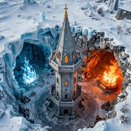 Aerial view of a wizard tower surrounded by: 1 an ice cave to the west 2 a fire cave to the east  3 a emerald mine to the north and 4 a diamond mine to the south, lineart, colored