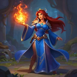 Who : a female mage with a blue robe casting a fire ball ; Body type : voluptious hourglass body ; IMPORTANT : Hearthstone official splash art, award winning, trending
