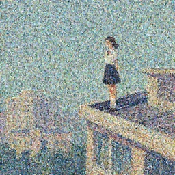 gouache of a cute girl wearing school uniform standing on the edge of the roof of a tall building, 8 k wallpaper, strong brush stroke, sharp focus, illustration, morandi color scheme, art station, by krenz cushart