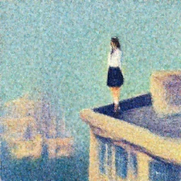 gouache of a cute girl wearing school uniform standing on the edge of the roof of a tall building, 8 k wallpaper, strong brush stroke, sharp focus, illustration, morandi color scheme, art station, by krenz cushart