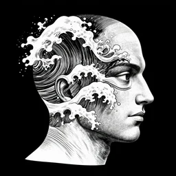 humanoid head becoming waves from the middle black and white illustration by alberto breccia