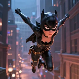 Cassandra Cain (Batgirl) swinging through Gotham, as animated by Pixar, Disney, CG animation, film still