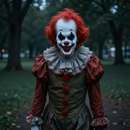 creepy clown at a dark park smiling