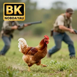 a Chicken with a shotgun running after a man, 4k photography award winning,