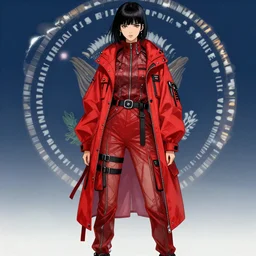 united states president, highly detailed portrait illustration by clamp yoshiyuki sadamoto, tade styka of a young woman wearing a red anorak and leggins utility chic, sheer fabrics, zippers, belts & velcro galore, chic'techno fashion trend by issey miyake and balenciaga