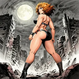 thicc scarlett johansson afro samurai anime style, full body profile, dynamic wide angle lens, manga style, frank frazetta and greg rutkowski, pencil and ink, full moon lighting, fully clothed, hot pants, in a post apocalyptic city