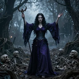 a beautiful female necromancer raising the dead