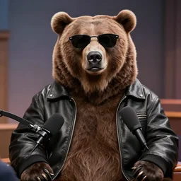 Photo of an oversized grizzly bear wearing sunglasses and a leather jacket being interviewed on the Joe Rogan podcast experience