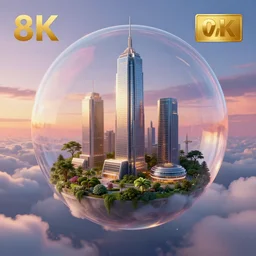 skyscraper inside a bubble, floating on clouds, realistic 3 d render, unreal engine, gardens, ecofuturism, solarpunk, maya, 8 k, vmax, award winning, trending on artstation, smooth, sharp focus, octane, twilight sunset background