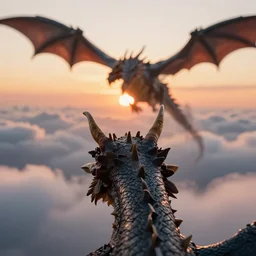 point of view from head of a dragon chasing another dragon through clouds, shallow depth of field, 5 0 mm lens, sunset, cinematic, octane render