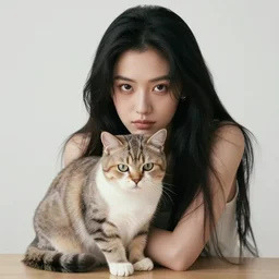 portrait of a beautiful long - haired woman with her cat sitting upon a table with heightened detail, poised, intense emotion, detailed facial expression, detailed surroundings, intricate, elegant, highly detailed, centered, digital painting, artstation, concept art, smooth, sharp focus, illustration, by ( leonardo da vinci ), wlop