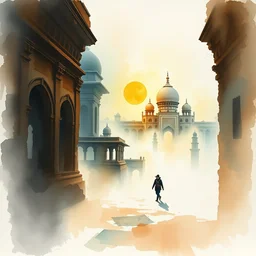 small centered on watercolor paper, paint brush strokes, abstract watercolor painting of foggy dawn, ancient indian arcs palace, cinematic light, national romanticism by hans dahl, by jesper ejsing, by anders zorn, by greg rutkowski, by greg manchess, by tyler edlin