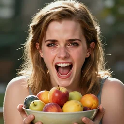 a portrait of Emma Watson roaring loudly, with tears in her eyes, at a bowl of innocent fruit, emotional, backlit, strong rim light, highly detailed, digital painting, HDRI, by Casey Weldon, vivid colors, high contrast, intricate