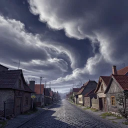 curved perspective digital art of curvy clouds in a small village with a cobblestone street by anton fadeev from nightmare before christmas