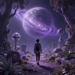 arriving from the universe to an alien planet, ethereal garden, mauve, cinematographic light, realistic 8k