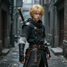 A young blonde haired boy wearing thief clothes with daggers in an alleyway, epic fantasy, octane render, high detail, photorealistic, High details,4k