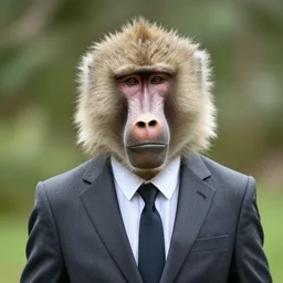baboon wearing a suit and tie, ready for a meeting, close portrait, bokeh