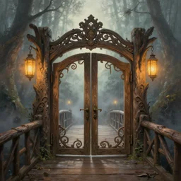large rustic intricately decorated wood gate leading to an old wood bridge, a view to an eerie fantasy world, glowing lanterns, ethereal back light, mist, coherent composition, detailed fantasy painting by artgerm, noriyoshi ohrai, yuumei