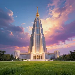 the single magical tall tower fantasy building, grass field, grand landscape building art by donato giancola and greg rutkowski, digital art, trending on artstation, symmetry!!, epic composition, wide angle shot, colorful skies, volumetric lighting