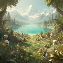 a retro style artwork of a paradise garden, a land of the dead, divine, hazy, volumetric lighting, snowy summits in the background, vast turquoise lake, lush flora, empty, spacetime bending, very detailed, serene, gold accents, washed out colors, beautiful artwork, master level composition, raytracing