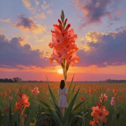giant gladiola flower as head, full body girl standing in a flower field, surreal photography, sunrise, dramatic light, impressionist painting, colorful clouds, digital painting, artstation, simon stalenhag