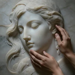 a beautiful face, engraved abstract marble, hyper detailed, beautiful flow, moody lighting, caressing hands