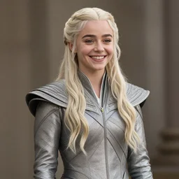 photo of a gorgeous young happy daenerys targaryen in the style of stefan kostic, realistic, professionally, professionally color graded, half body shot, sharp focus, 8 k high definition, insanely detailed, intricate, elegant, art by stanley lau and artgerm