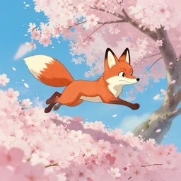 fun little fox jumping in sakura flowers heap, hayao miyazaki, dynamic, graceful, smooth, dream, illustration, quality